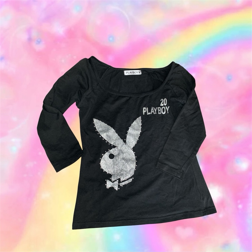 PLAYBOY Black Long Sleeve Top with Silver Sequin Bunny